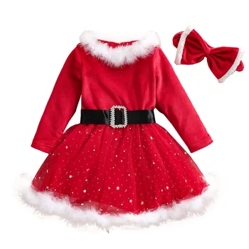 1-5 Anos Meninas do Bebê Vestido de Natal de Veludo Vermelho de Manga Longa de Malha Vestido de Uma linha Com Cabeça de Natal Festa de Aniversário de Princesa Vestidos