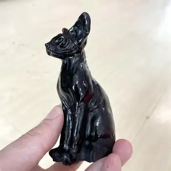1PC Natural Preto Obsidian Egito Mão de Gato de Animais Esculpidas Estatueta de Energia Artesanato Decoração para Casa Como Presente