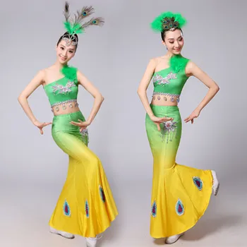 2017 Nova mulher de dança do ventre, sexy Pavão Tortas Cauda Vestidos de Dança do Ventre senhora Fase Desempenho trajes de 2 cores 2 tipo Cocar