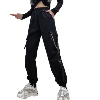 2022 Novas Mulheres Carga Calças sarouel Moda Punk Bolsos Jogger Calças com Elásticos em Cadeia de Cintura Alta Streetwear