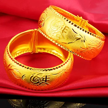 24k banhado a ouro Amarelo 25MM Pulseira Para Mulheres de Ouro Feliz Evento Concêntricos Dragon Phoenix Pulseira de Casamento Jóias Finas Presentes