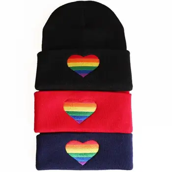 Arco-íris do Amor do Coração Bordado de Malha Chapéus Beanies Chapéus Para Homens Mulheres Inverno Quente Preto de Malha Cap Skullies Presente da moda 2020