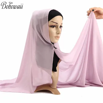 BOHOWAII Muçulmano Moda Mulheres de Hijab Respirável Chiffon Instantâneas Lenço com Botões Cabeça Longa Envolve o Cabelo Acess Cobertura de Cabeça