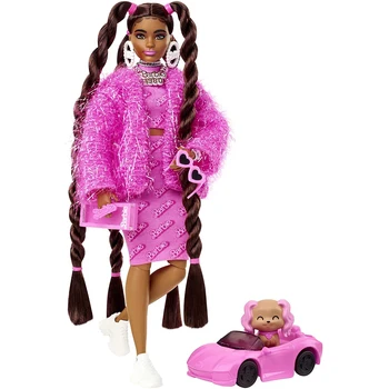 Barbie Extra Boneca #14-de-Rosa 2 peças de Roupa Brilhante Jaqueta com animal de Estimação Cachorro Extra-Longos Cabelos Acessórios para Juntas Flexíveis Boneca HHN06
