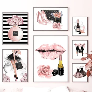 Diamante pintura menina perfume da flor batom e salto alto arte de parede nórdicos cartaz de strass, bordados mosaico de imagem de moda
