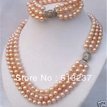 Estilo de moda 3 Linhas 7-8mm rosa natural de contas de pérolas akoya fazer colar pulseira jóias YE2130