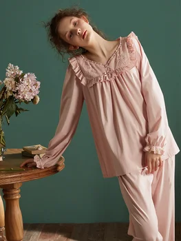 Hanxiuju Vintage Bordado Conjuntos De Pijamas Para Mulheres Primavera, Outono De Algodão Macio Pijamas Ternos Confortável Homewear