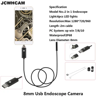 JCWHCAM HD 720P 2 Em 1 USB Android Endoscópio 8mm 6 LED à prova d'água Boroscópio Câmara de Inspecção com 2m de Comprimento do Cabo USB 0