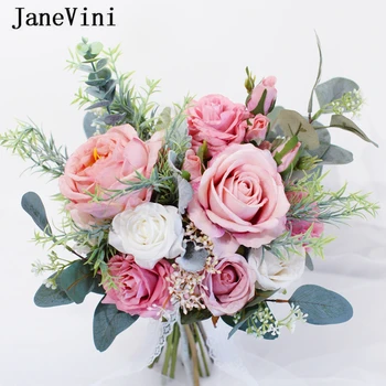 Janevini 2021 Novo Empoeirados Cor-De-Rosa De Seda, Flores Artificiais Para Casamento Bouquet De Rosas Mulit Cor Ocidental Elegante Buquê De Noiva Acessórios