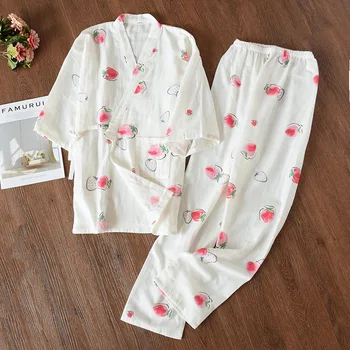 Japonesas Kawaii Pijamas Impressão de Manga Longa Definido para as Mulheres Primavera, Outono Pijama Yukata Asiático Estilo Quimono Casual Homewear
