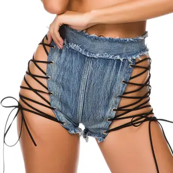 Mulheres Sexy Cintura Alta Bandage Denim Shorts Jean Ocos Magro Calção, Clubwear