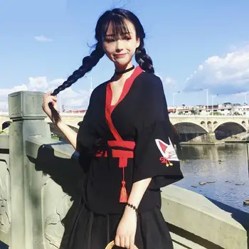 Mulheres Tradicionais Casual Casaco Japannese Quimono Japonês Retro Manto Solto Casaquinho Preto Bordado Moda Streetwear Blusa