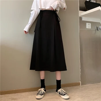 Novo 2022 Aluno Senhoras Outono média-alta Saia de Cintura Versão coreana Design de Comprimento de Cinza de Uma linha de Vestido das Mulheres de usar Roupas Quentes S-L
