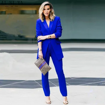 Novo azul Royal, 2 peças de conjunto de mulheres de negócios ternos slim fit senhoras office uniforme elegante calça naipes feminino calças, ternos