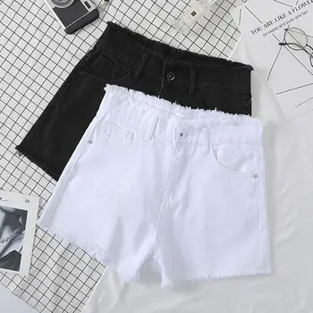 Novo troço Preto e Branco Shorts Jeans Feminino de Verão Cintura Alta Magro do Emagrecimento Selvagem Desfiado Hot Pants