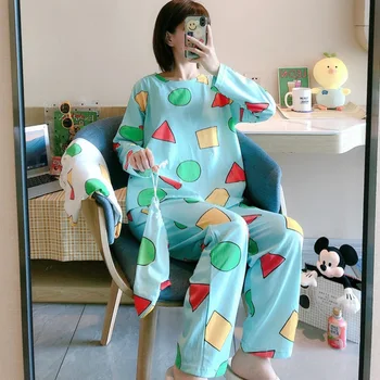 Novos Pijamas para mulheres de Pijama de Algodão Primavera, Outono Longo Traje Definir o Japonês Pijama para a Mulher Pijamas Terno Casa Desgaste Camisola