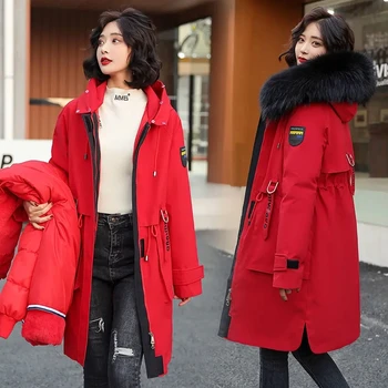 Parka em comprimento femininos Destacável Warm Coats 2021 Inverno Peles Outwear de Veludo de Algodão Casaco Feminino de Uma camada E de Três Veste Vermelho
