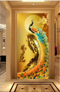 Personalizado com foto 3d imagem de papel de parede com O fundo dourado pavão varanda sala de estar decoração pintura 3d murais de parede papel de parede