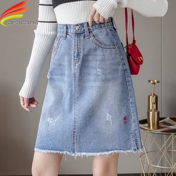 Saia Jeans de Cintura alta 2022 Primavera recém-Chegados Estilo coreano Mulheres de Saia Midi Letra do Bordado da Saia Jeans Lavado saia jeans