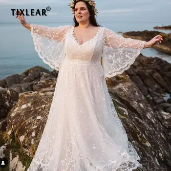 TIXLEAR Boho Plus Size Tule Vestidos de Noiva 2022 Laço Charmoso Decote em V Flare Mangas e Costas Abertas Vestidos de Noiva Vestido De Noiva