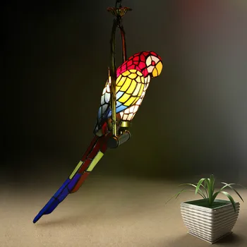 Vitrais Papagaio Luz Antiguidades, Arte em Vidro Pássaro luminária Sala de estar máscara de Vidro Luminária LED Luzes Pingente