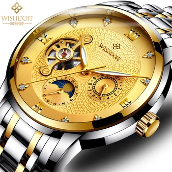 WISHDOIT de Luxo Homens de Negócios do Relógio Mecânico Marca de Luxo Fase da Lua Multifuncional Impermeável de Grande Dial Homens Relógios Relógio