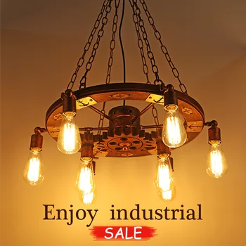 vintage Retro estilo industrial de ferro pingente de luz rodar madeira engrenagem de jantar, sala de estar, bar pendurar a lâmpada de luz 0