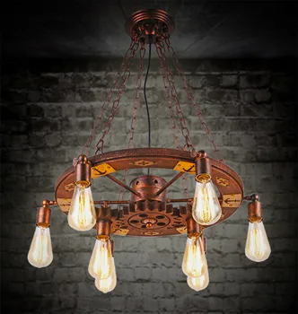 vintage Retro estilo industrial de ferro pingente de luz rodar madeira engrenagem de jantar, sala de estar, bar pendurar a lâmpada de luz 1