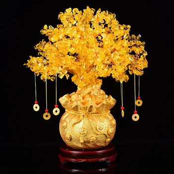 19cm 24cm Delicado Amarelo Cristal Dinheiro Enfeite de Árvore de Home Office de Loja de Arte do Feng Shui Decoração de Mesa de Sorte Riqueza Árvore