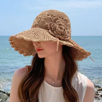 2022 Mulheres de Verão Balde Dobrável com flor Chapéu de Palha Panamas Proteção UV, Viseira de Sol fresco à beira-Mar da Praia de Chapéu de Maré de Verão, Chapéus
