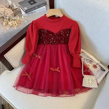 2022 Média e Pequena para Crianças de Inverno, Moda de Ocidental-estilo Saia Costura Vermelha False Duas Peças de Veludo Arco Princesa Saia