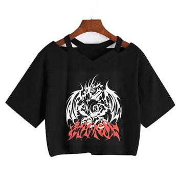 2022 T-Shirt de Streetwear Mulheres Oversize Hip Hop T-Shirt Diabo Harajuku crop tops de Verão de Manga Curta com decote em V Solta Tees