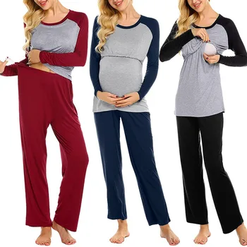 2PCS de Maternidade de Manga Longa de Enfermagem Baby T-shirt Tops+Calça de Pijama Conjunto de Terno pijamas premama invierno Maternidade de Enfermagem Pijama