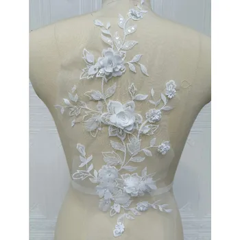 3D Applique Lace Motivo Elegante 3D Frisado Bordado de Flores de Malha de Renda Medalhões de Vestido de Noiva de Véu 2