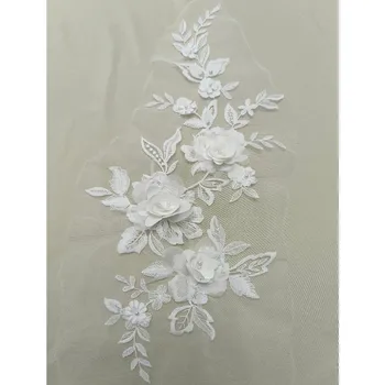 3D Applique Lace Motivo Elegante 3D Frisado Bordado de Flores de Malha de Renda Medalhões de Vestido de Noiva de Véu 4