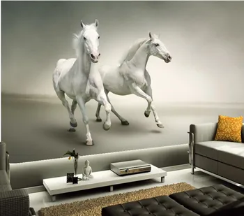 3d personalizado mural, Duas belas execução cavalos brancos papel de parede,restaurante do hotel sofá da sala de TV de parede papel de parede do quarto