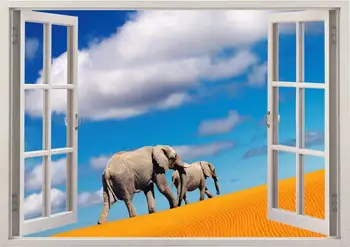 Adesivo de parede deserto com o pé elefantes janela de visualização 3D, deseet de autocolantes de parede de elefantes para decoração de casa, colorido elefantes arte de parede [0 0