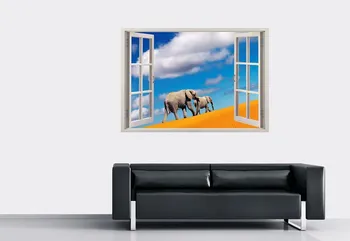 Adesivo de parede deserto com o pé elefantes janela de visualização 3D, deseet de autocolantes de parede de elefantes para decoração de casa, colorido elefantes arte de parede [0 2