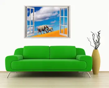 Adesivo de parede deserto com o pé elefantes janela de visualização 3D, deseet de autocolantes de parede de elefantes para decoração de casa, colorido elefantes arte de parede [0 3