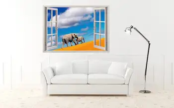 Adesivo de parede deserto com o pé elefantes janela de visualização 3D, deseet de autocolantes de parede de elefantes para decoração de casa, colorido elefantes arte de parede [0 4
