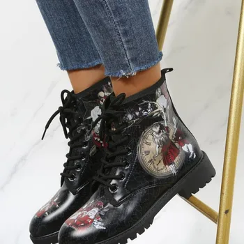 Ankle Boots Para As Mulheres Graffiti Fahsion Sapatos De Laço Redondo Toe Salto Baixo De Outono Inverno Botas Confortáveis Retro Romano 2022 Nova Marca