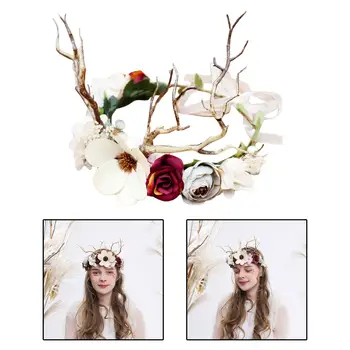 Bonito Deer Antler Grinalda de Flores Cabeça com Fita de Headwear Mulheres a Coroa para a Páscoa Capacete de Cabelo Aro Adereços Foto de Presente 4