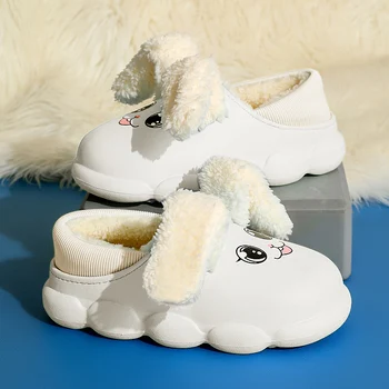 Branco Babi desenhos animados Coelho Sapatos com Orelha Longa Fuzzy Garoto Plano de Deslizamento no Inverno Sapatos de Bebê Impermeável Macias Peles Casa Chinelos de quarto