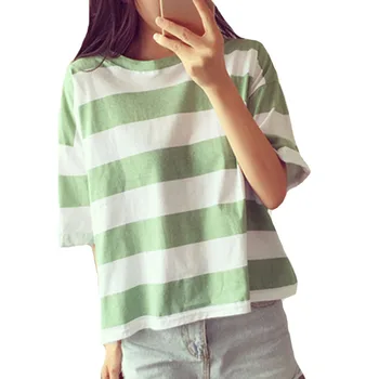 CUHAKCI Mulheres camisetas de Manga Curta de Verão do Algodão do T-Shirt de Impressão Tops, T-Shirt Feminina Solta em torno do Pescoço Casual Camisa Listrada Tees
