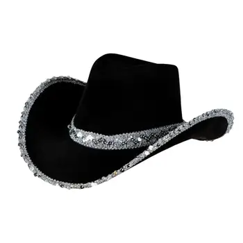 Cowgirl Chapéus de Jazz, Chapéu alto e Versátil Chapéu Fedora de Lantejoulas Borda Pano Caps Mulheres de Chapéu de Cowboy para Adultos Presente de Halloween de 