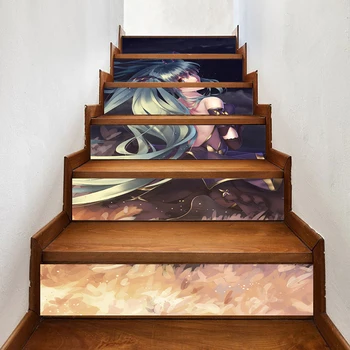 Decalque de Decoração de Casa de uma Menina Anime Bonito Andar de Escada de Etiqueta Auto-Adesiva de Papel para a Sala de PVC Impermeável Impressão 3D Adesivo de Arte