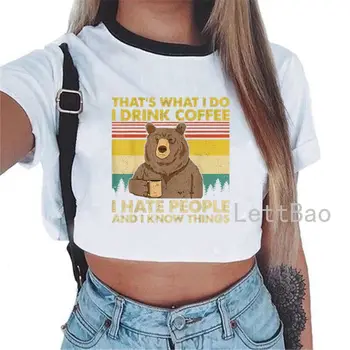 Eu Odeio Pessoas Urso Kawaii Impresso Moda Feminina T-Shirt Senhora T-Shirts Simples O-Neck Manga Curta Crop Tops De Verão