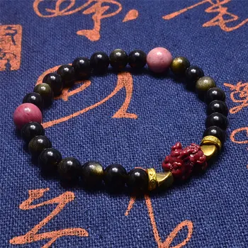 Feng Shui Ouro Pedra Obsidiana Perla o Bracelete Mulheres Pulseira de Vermelho de Cinábrio Pixiu Riqueza e Boa Sorte Rhodonite Pulseira de 6mm