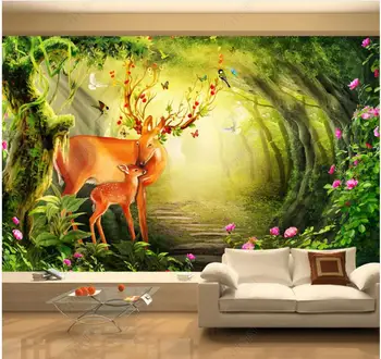 Foto 3d papéis de parede personalizados mural Floresta de cervos da mãe e da criança fantasia flores decoração de sala de estar papel de parede para parede 3d 0