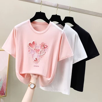 GGRIGHT 2021 Manga Curta Beading Impressão de Amor de Verão Meninas T-Shirt das Mulheres coreano Moda Branca Camiseta Femme Tops cor-de-Rosa